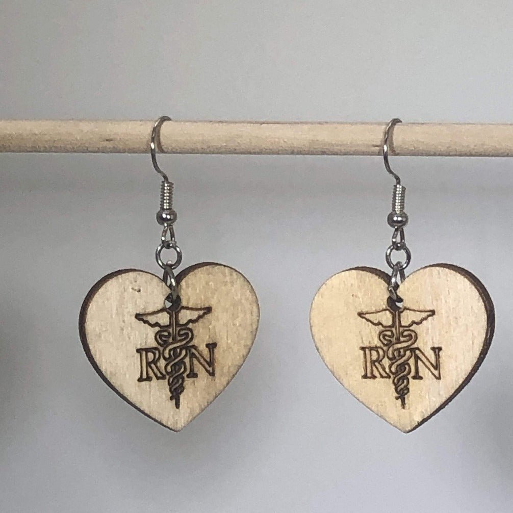 Registered Nurse "RN" Wooden Dangle Earrings - - Cate's Concepts, LLC