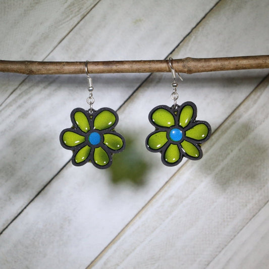 Resin Classic Flower Wooden Dangle Earring - - Cate's Concepts, LLC