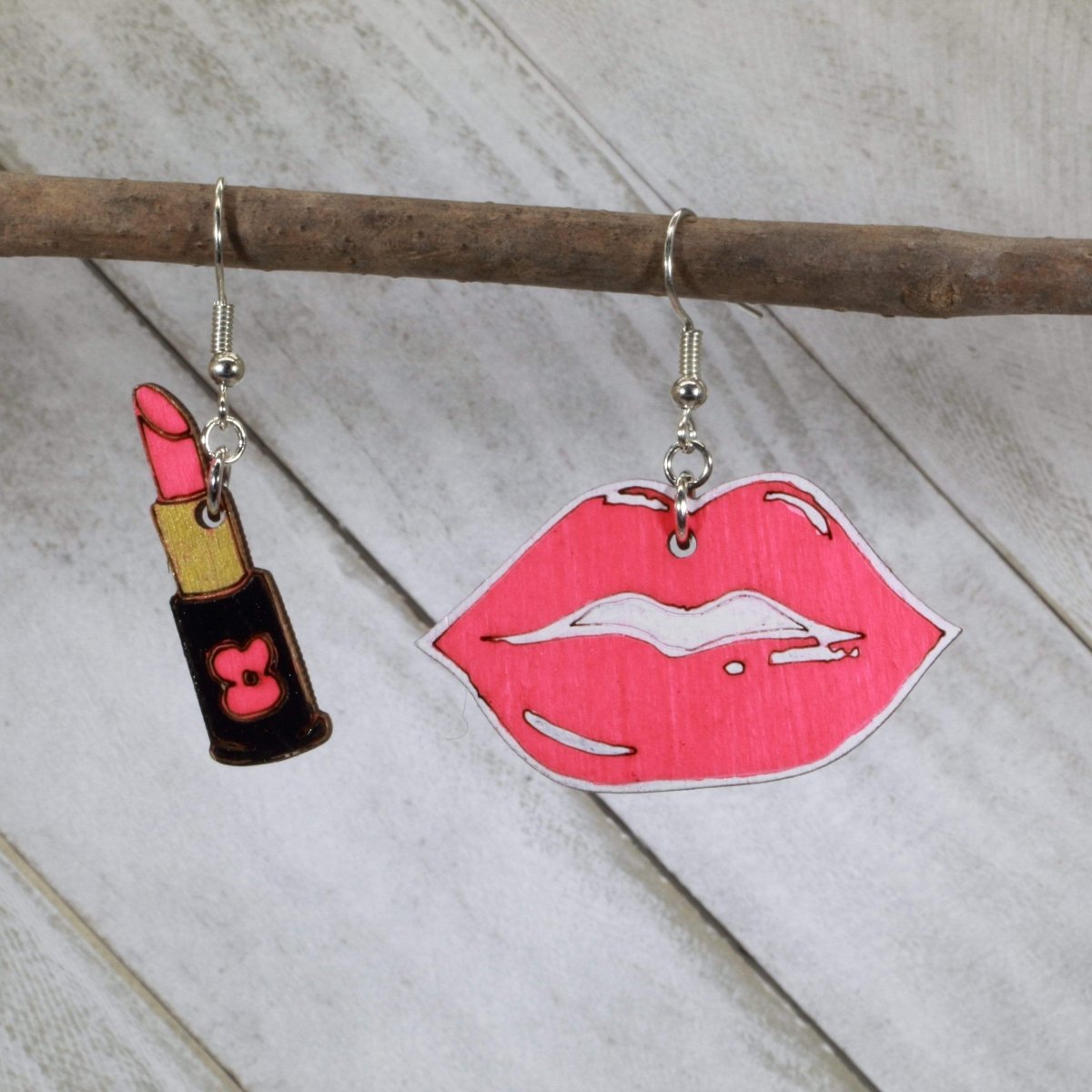 Sexy Lips and Lipstick Wooden Dangle Earrings - Pink - Cate's Concepts, LLC