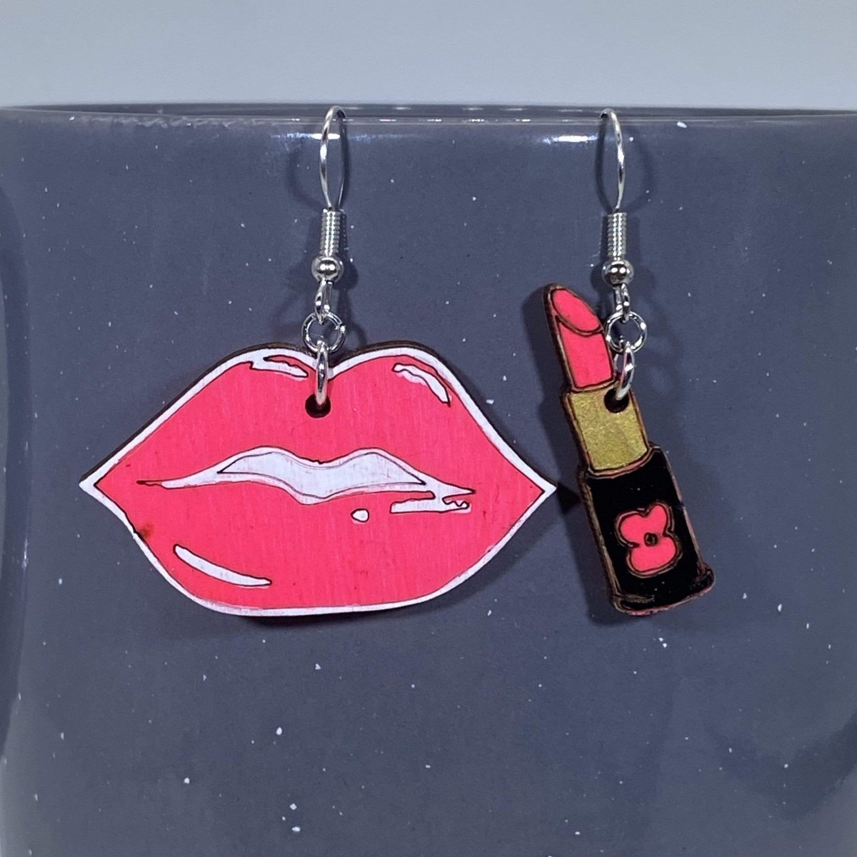 Sexy Lips and Lipstick Wooden Dangle Earrings - Pink - Cate's Concepts, LLC