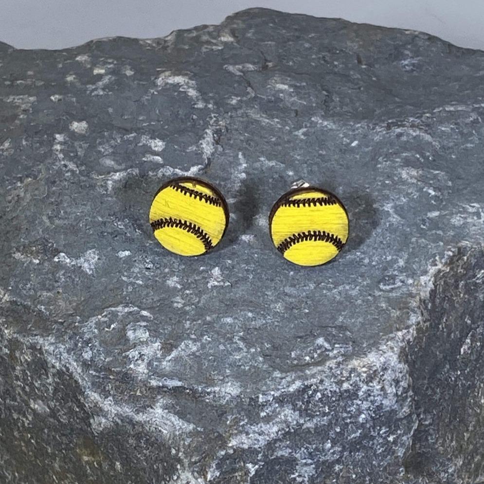 Softball Dangle Wooden Dangle Earrings - Studs - Cate's Concepts, LLC
