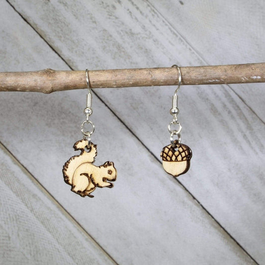 Squirrel and Acorn Wooden Dangle Earrings - - Cate's Concepts, LLC