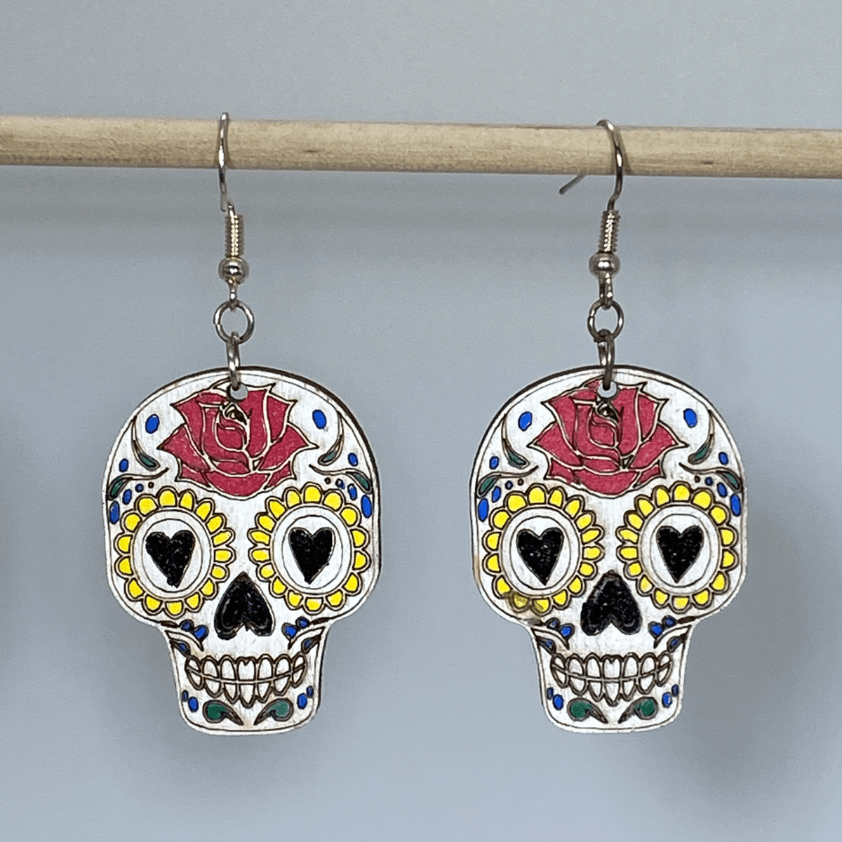 Sugar Skull Wooden Dangle Earrings - - Cate's Concepts, LLC