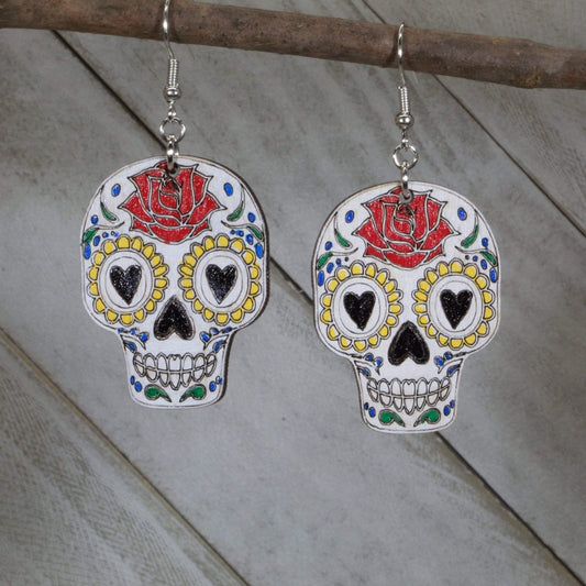 Sugar Skull Wooden Dangle Earrings - - Cate's Concepts, LLC