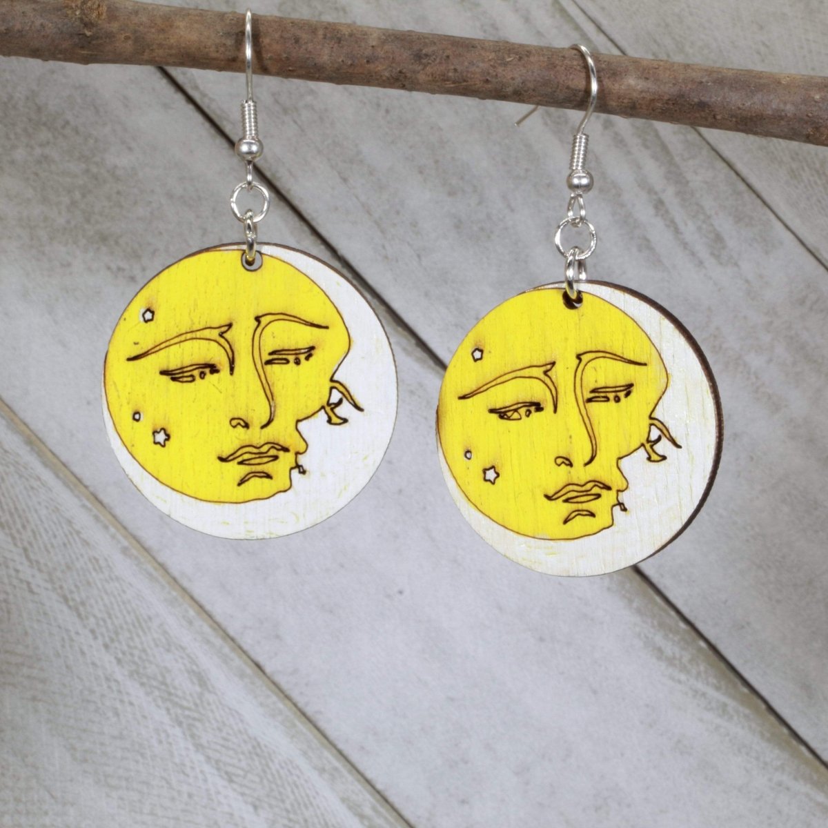 Sun and Moon Embracing Wooden Dangle Earrings - - Cate's Concepts, LLC