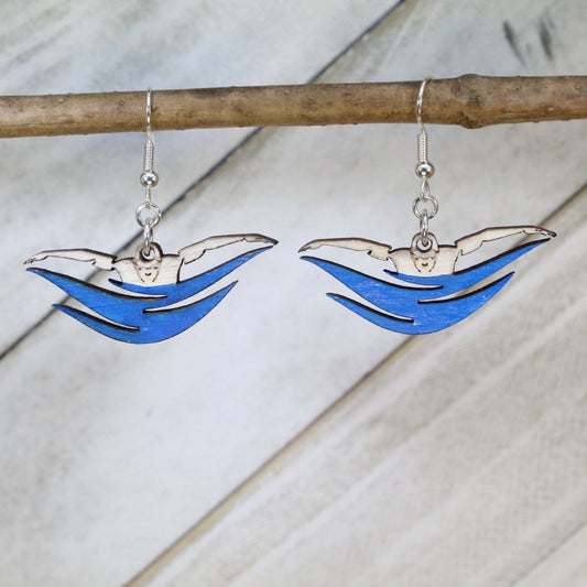 Swimmers Butterfly Stroke Wooden Dangle Earrings - - Cate's Concepts, LLC