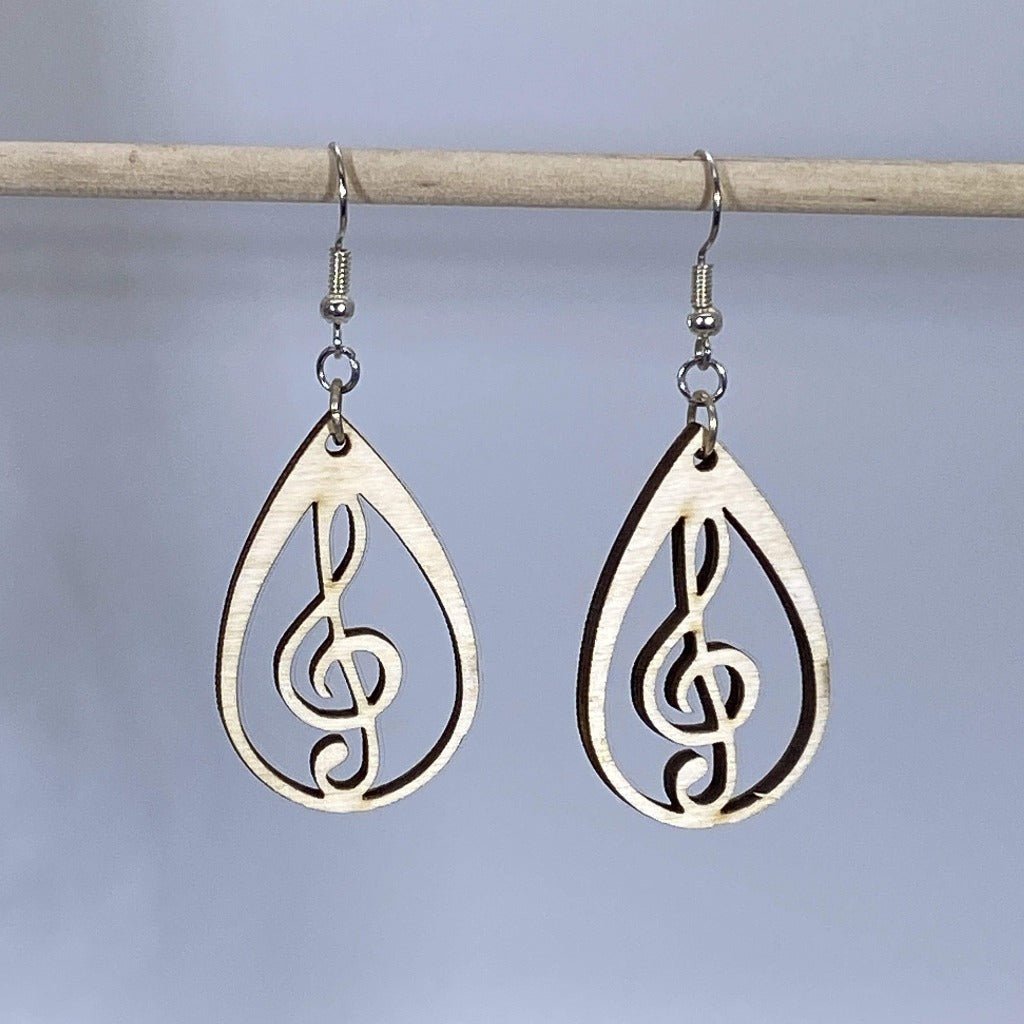 Teardrop Treble Clef Heart Wooden Dangle Earrings - - Cate's Concepts, LLC