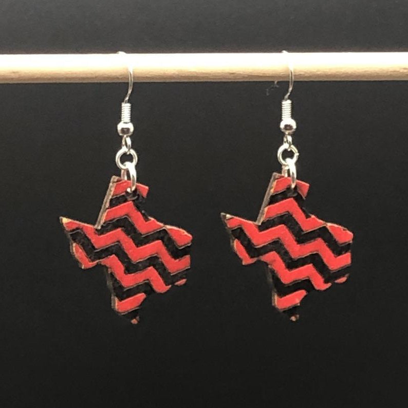 Texas Black and Red Chevrons Wooden Dangle Earrings - - Cate's Concepts, LLC