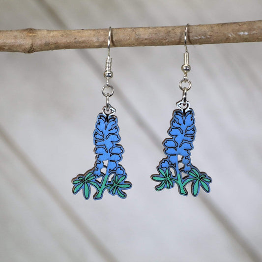 Texas Bluebonnet Wooden Dangle Earrings - - Cate's Concepts, LLC