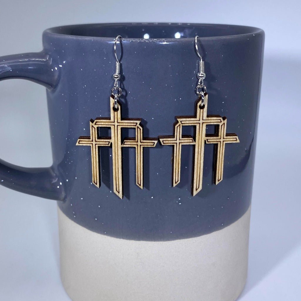 Triple Cross Wooden Dangle Hanging Earrings - - Cate's Concepts, LLC