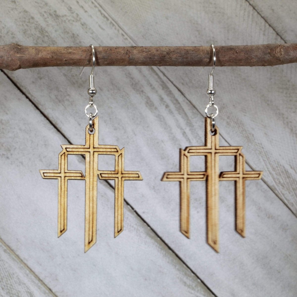 Triple Cross Wooden Dangle Hanging Earrings - - Cate's Concepts, LLC