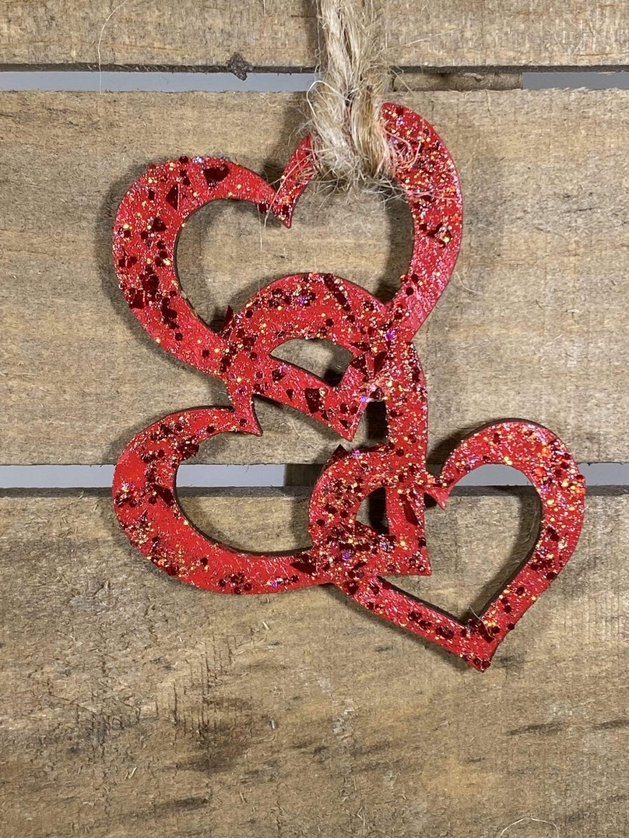 Triple Heart Christmas Wooden Ornaments - Red - Cate's Concepts, LLC