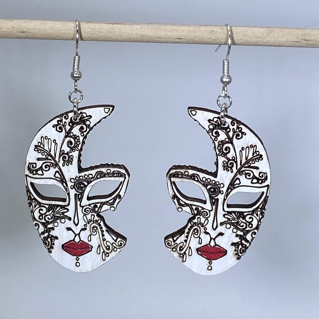 Venetian Half Mask Wooden Dangle Earrings - - Cate's Concepts, LLC