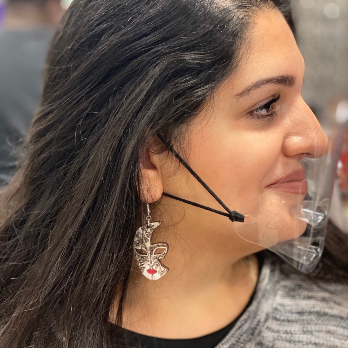 Venetian Half Mask Wooden Dangle Earrings - - Cate's Concepts, LLC