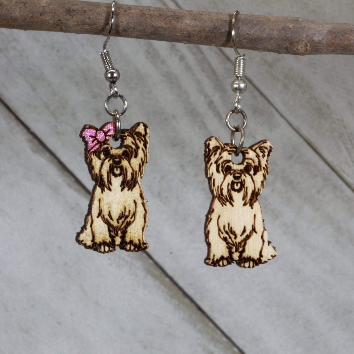 Yorkshire Terrier "Yorkies" Dangle Earrings - One Bow and One Without - Cate's Concepts, LLC