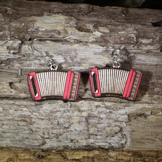 Hand-painted wooden accordion dangle earrings featuring detailed accordion instrument artwork, hypoallergenic sterling silver hooks, and lightweight musician jewelry for accordion players, folk music lovers, and band enthusiasts by Cate's Concepts