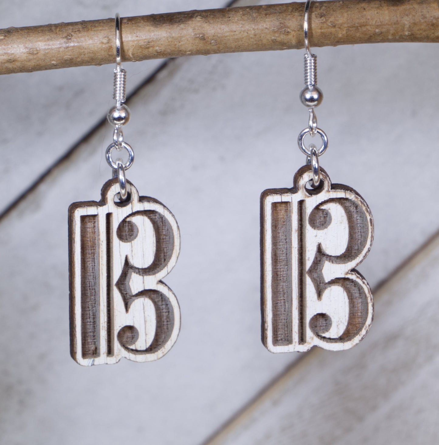 Hand-painted wooden alto clef dangle earrings with elegant music symbol design and hypoallergenic sterling silver hooks, lightweight orchestra jewelry gift for viola players, musicians, and music teachers