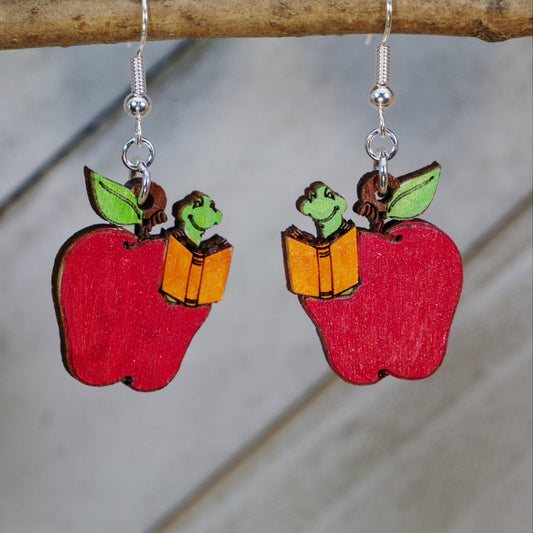 Hand-painted wooden apple with bookworm dangle earrings with playful classroom design and hypoallergenic sterling silver hooks, lightweight teacher jewelry gift for educators, librarians, and book lovers