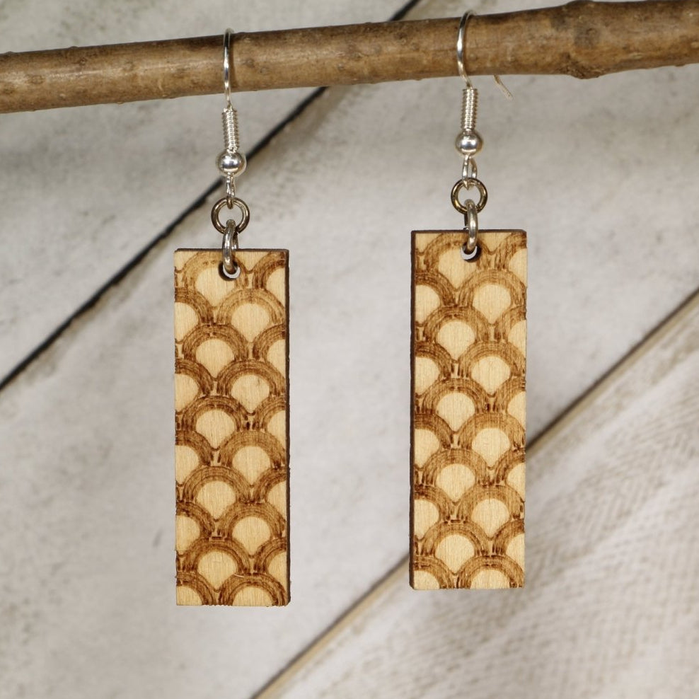 Hand-painted wooden Art Deco fan pattern dangle earrings with geometric vintage design and hypoallergenic sterling silver hooks, lightweight retro statement jewelry earrings for elegant 1920s style