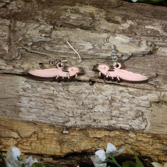 Hand-painted wooden axolotl dangle earrings featuring adorable pink axolotl amphibian designs with detailed external gills, hypoallergenic sterling silver hooks, and lightweight aquatic animal jewelry for amphibian lovers by Cate's Concepts.