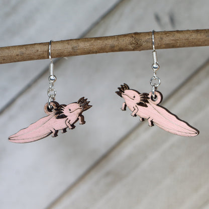 Hand-painted wooden axolotl dangle earrings with cute amphibian design and hypoallergenic sterling silver hooks, lightweight animal jewelry for aquatic lovers and quirky style by Cate’s Concepts

