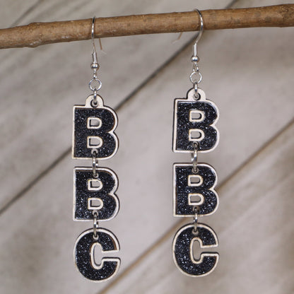Hand-painted wooden “BBC” letter dangle earrings with bold block typography and hypoallergenic sterling silver hooks, cheeky adult humor novelty jewelry for parties, gag gifts, and edgy statement style