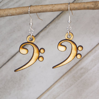 Hand-painted wooden bass clef dangle earrings with bold music note design and hypoallergenic sterling silver hooks, lightweight orchestra jewelry gift for musicians, band students, and music teachers