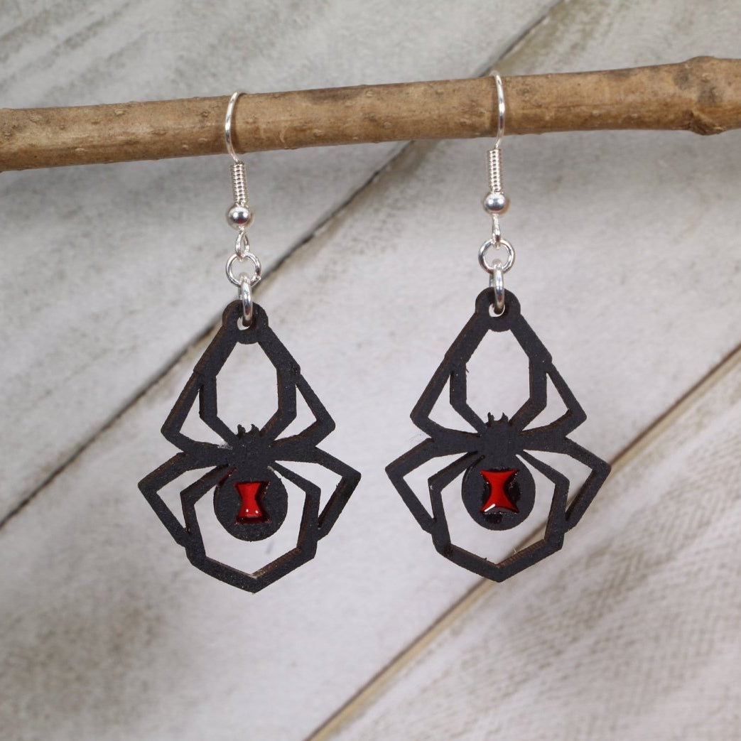 Hand-painted wood and resin black widow spider dangle earrings with gothic insect design and hypoallergenic sterling silver hooks, lightweight spider statement jewelry earrings for edgy and spooky style