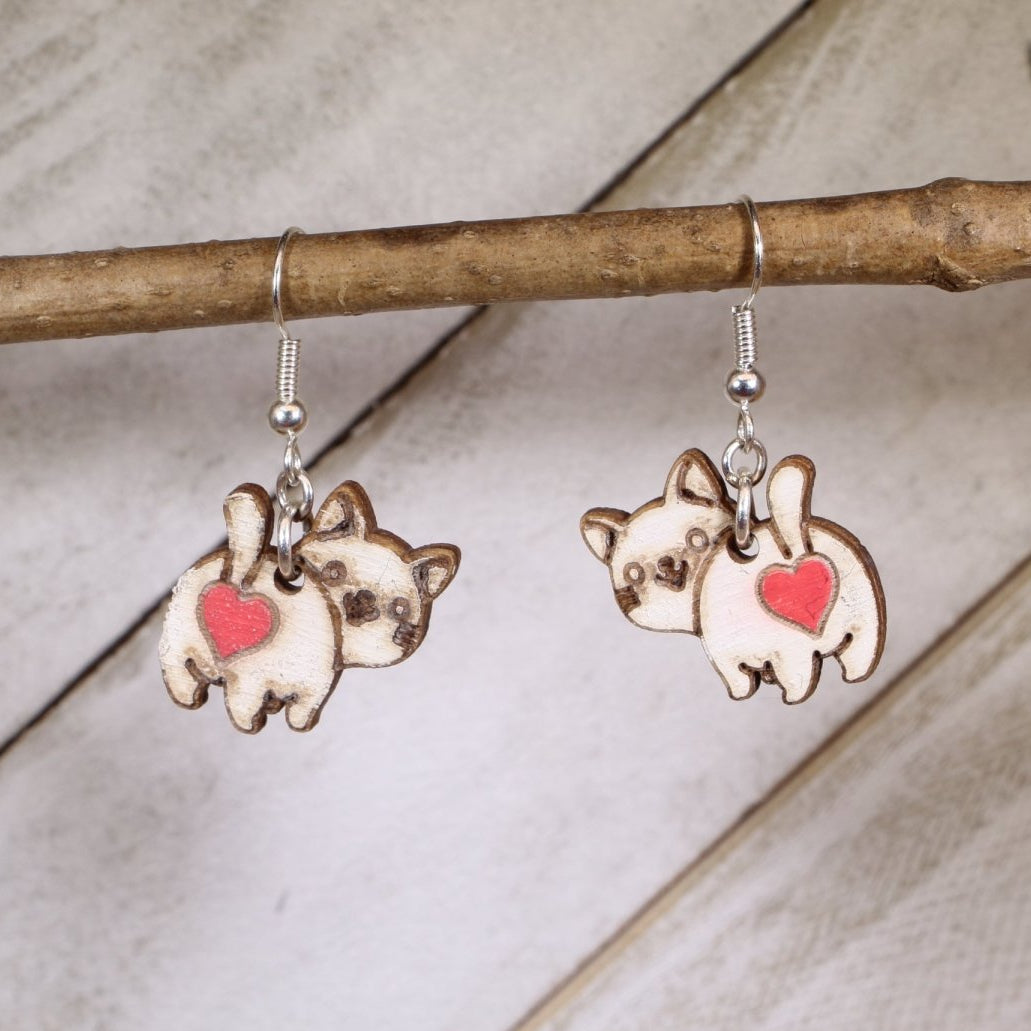 Hand-painted wooden cat butt heart dangle earrings with funny feline design and hypoallergenic sterling silver hooks, quirky cat lover novelty jewelry earrings
