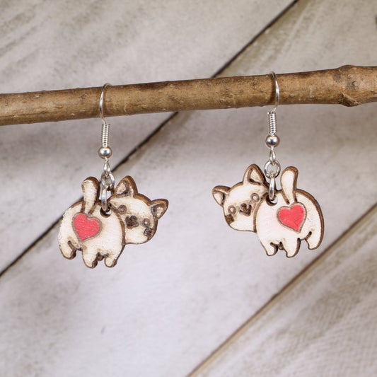 Hand-painted wooden cat butt heart dangle earrings with funny feline design and hypoallergenic sterling silver hooks, quirky cat lover novelty jewelry earrings