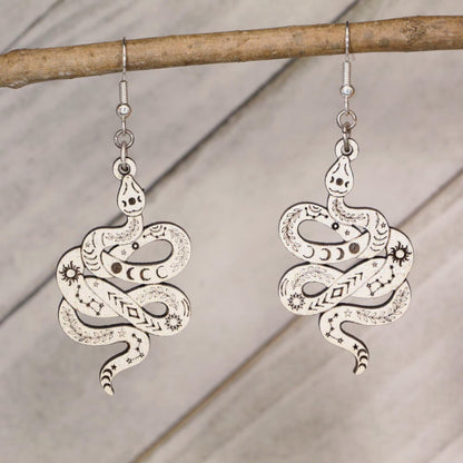 Hand-painted celestial snake wooden dangle earrings with moon phase and mystical design, lightweight hypoallergenic jewelry for boho style, spiritual lovers, and astrology fans