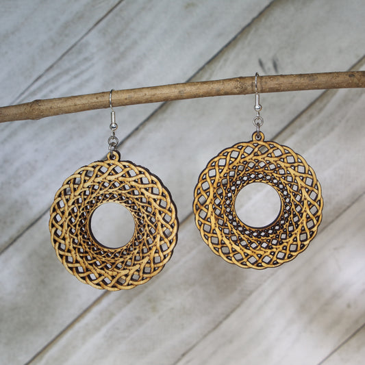 Hand-painted wooden Celtic knot circle dangle earrings with traditional Irish symbol design and hypoallergenic sterling silver hooks, lightweight heritage jewelry for Celtic culture lovers and timeless style by Cate’s Concepts