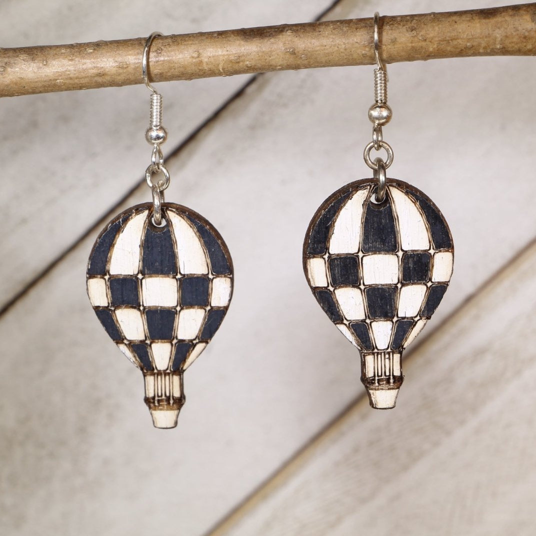 Hand-painted wooden checkered hot air balloon dangle earrings with whimsical travel design and hypoallergenic sterling silver hooks, lightweight balloon statement jewelry earrings for adventure lovers and boho style