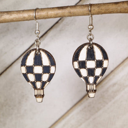 Hand-painted wooden checkered hot air balloon dangle earrings with whimsical travel design and hypoallergenic sterling silver hooks, lightweight balloon statement jewelry earrings for adventure lovers and boho style