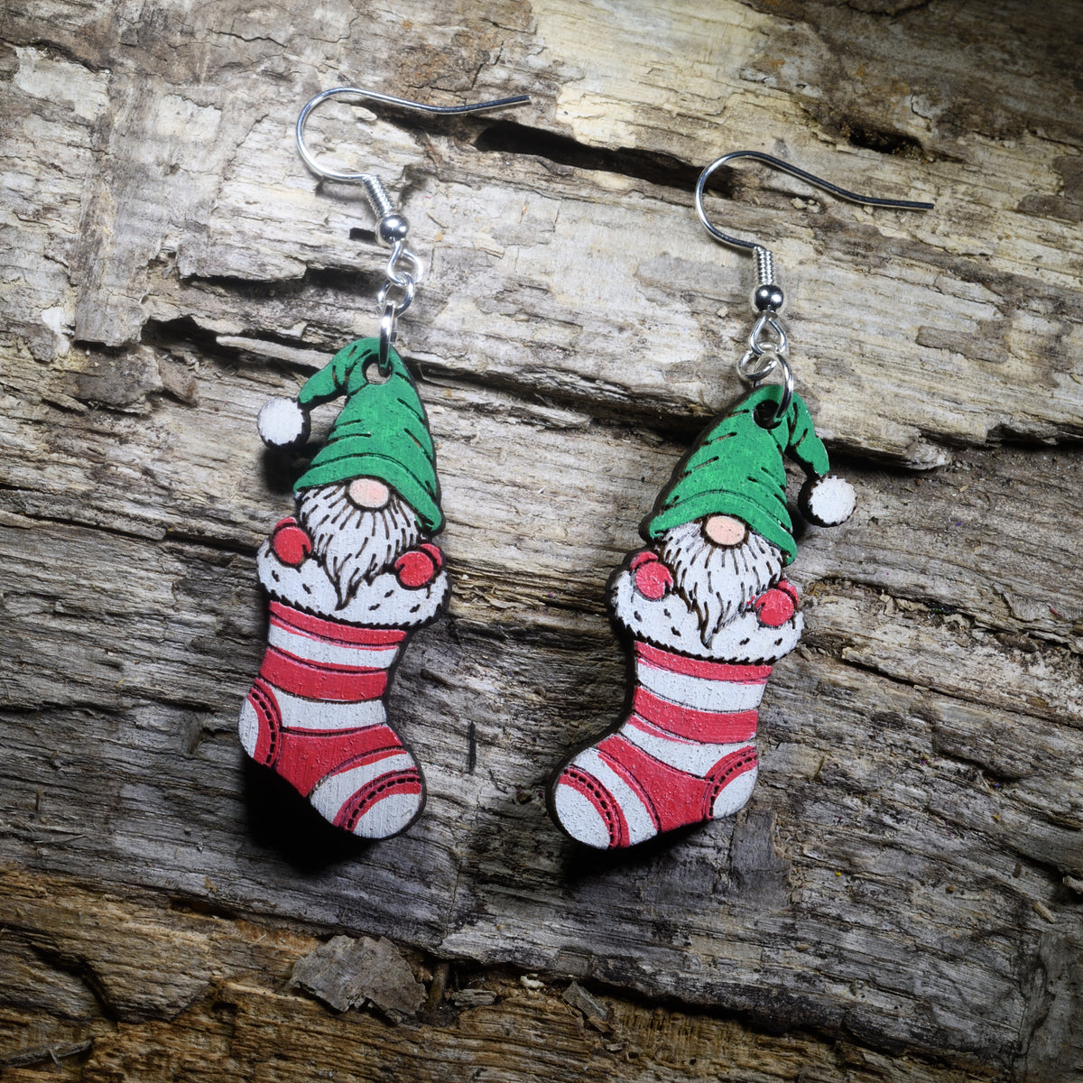 Christmas Gnome Wooden Dangle Earrings | Festive Holiday Jewelry
