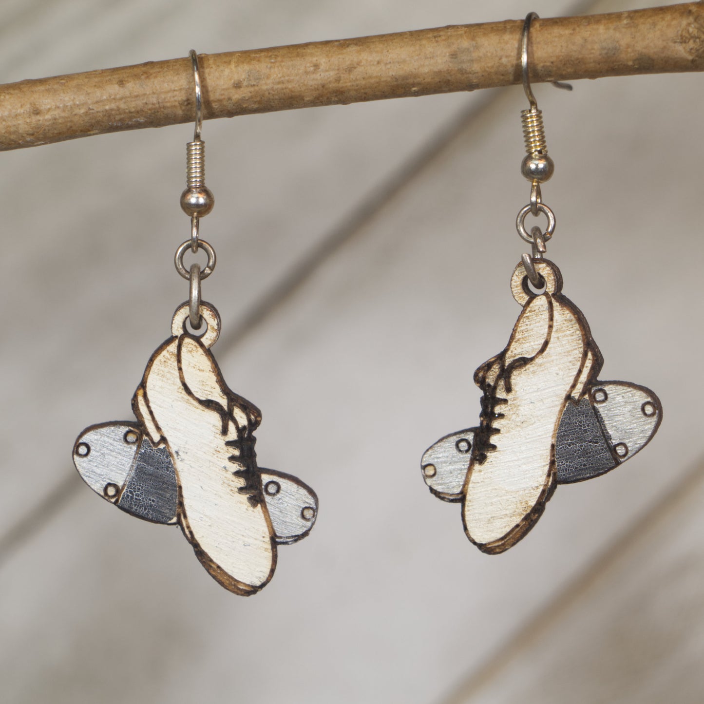 Hand-painted wooden clogging shoes dangle earrings featuring a traditional Appalachian dance shoe design with detailed soles and laces and hypoallergenic sterling silver hooks, lightweight jewelry for dancers and folk dance enthusiasts