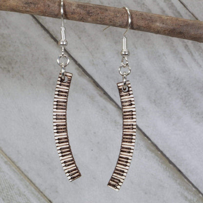 Curved piano keyboard wooden dangle earrings, hand-painted black and white keys