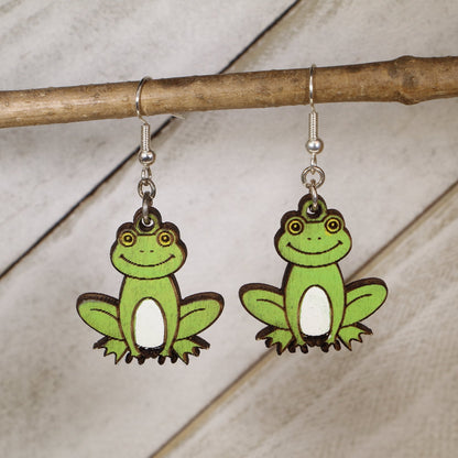 Hand-painted cute frog wooden dangle earrings with playful cartoon design, lightweight hypoallergenic animal jewelry for nature lovers, frog collectors, and fun quirky style