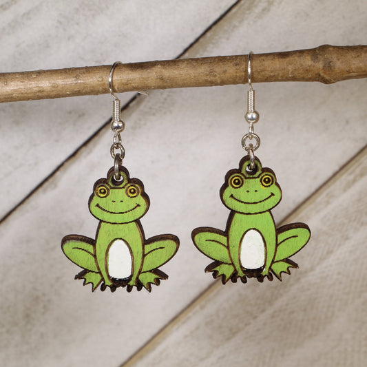 Hand-painted cute frog wooden dangle earrings with playful cartoon design, lightweight hypoallergenic animal jewelry for nature lovers, frog collectors, and fun quirky style