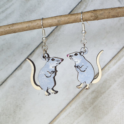 Hand-painted wooden cute rat dangle earrings with adorable pet rodent design and hypoallergenic sterling silver hooks, lightweight animal jewelry for rat lovers and quirky pet style by Cate’s Concepts