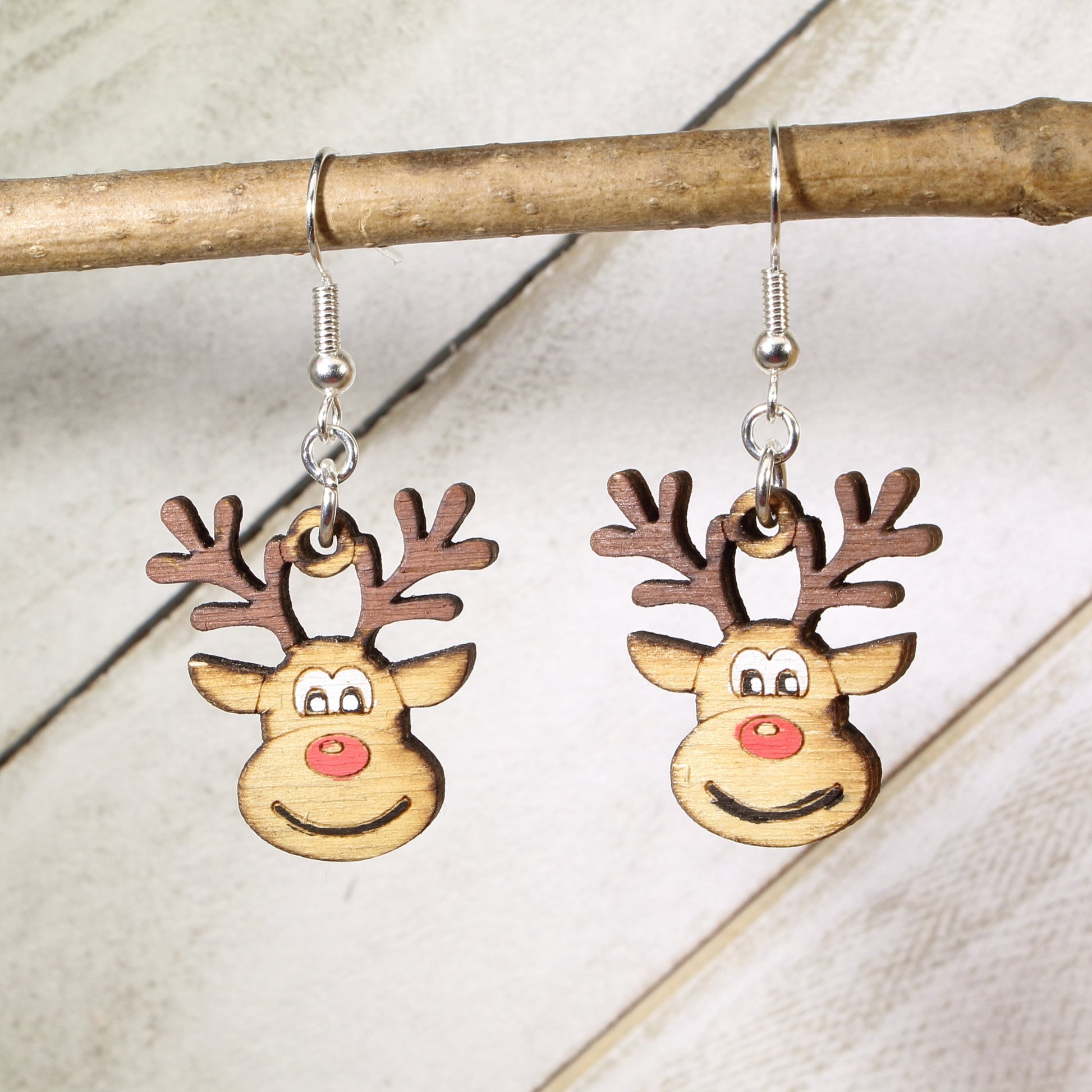 Hand-painted wooden cute reindeer dangle earrings with festive holiday design and hypoallergenic sterling silver hooks, lightweight Christmas jewelry gift for winter lovers and holiday celebrations 