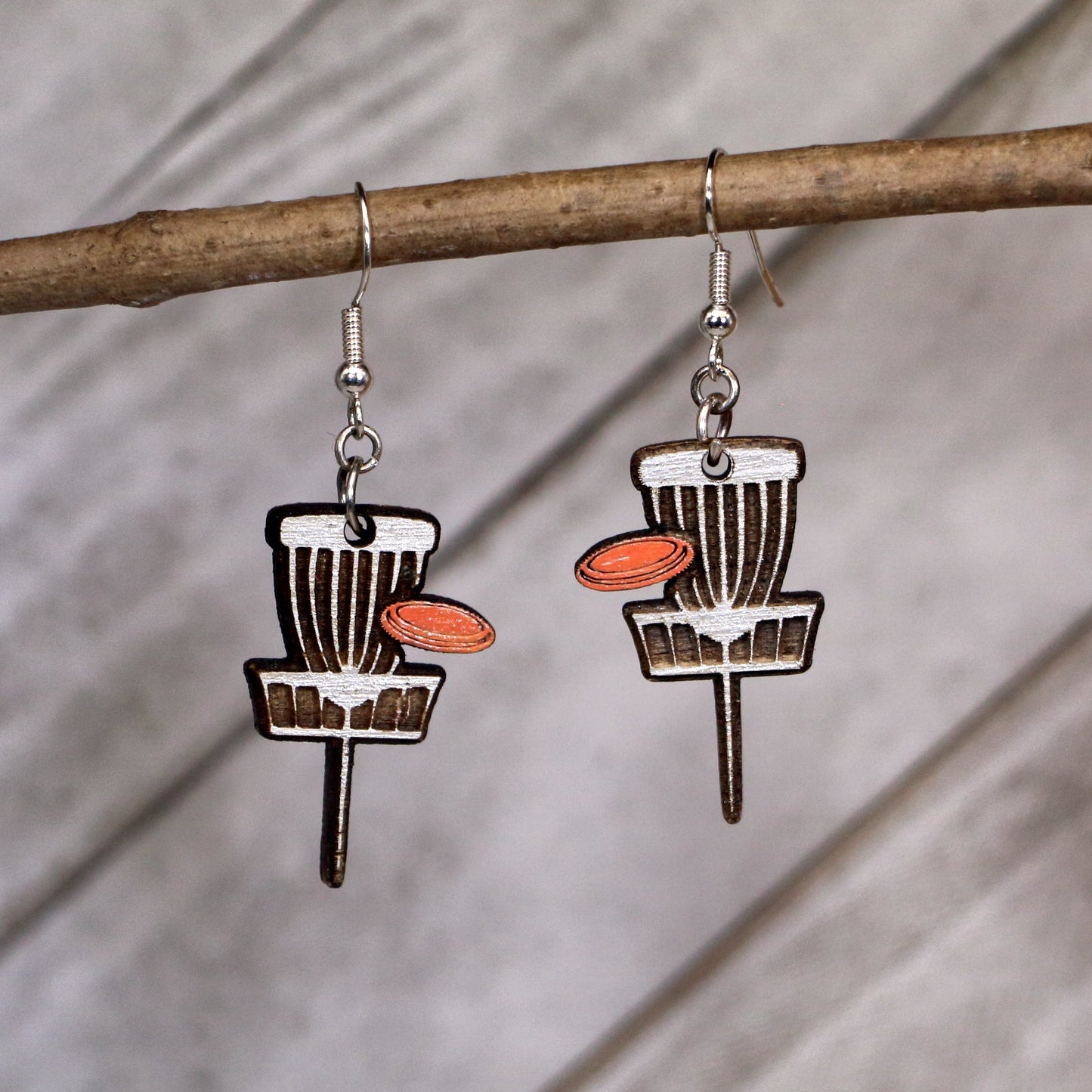 Disc Golf Basket Wooden Dangle Earrings | Disc Golf Jewelry Gift