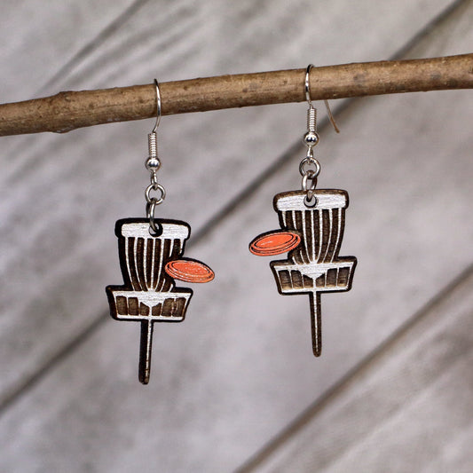 Disc Golf Basket Wooden Dangle Earrings | Disc Golf Jewelry Gift