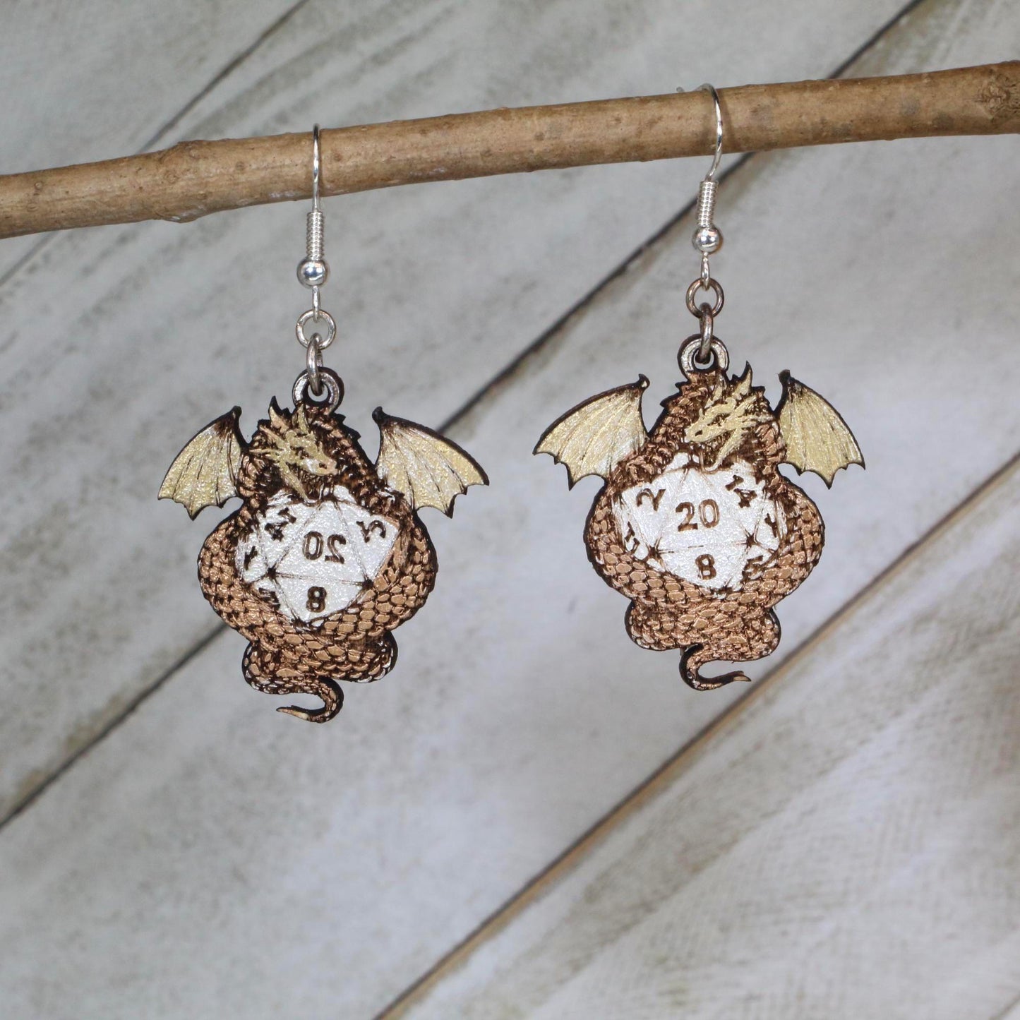 Hand-painted wooden dragon wrapped around D20 dice dangle earrings with hypoallergenic sterling silver hooks, fantasy tabletop RPG jewelry for Dungeons and Dragons players