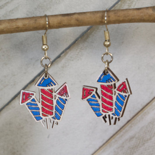 Hand-painted wooden fireworks dangle earrings with patriotic celebration design and hypoallergenic sterling silver hooks, Fourth of July Americana statement jewelry earrings