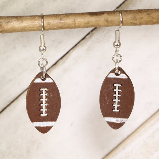 Hand-painted wooden football dangle earrings with classic pigskin design and hypoallergenic sterling silver hooks, lightweight football statement jewelry earrings for players, fans, and football moms