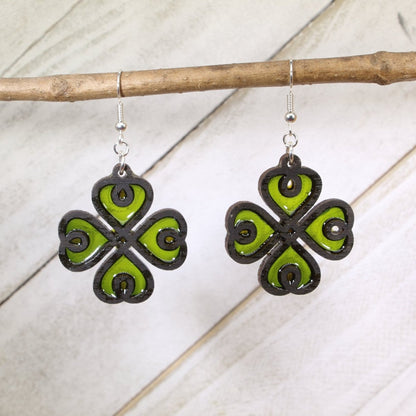 Hand-painted wood and resin four leaf clover dangle earrings with lucky Irish charm design and hypoallergenic sterling silver hooks, lightweight clover statement jewelry earrings for St. Patrick’s Day and good luck style