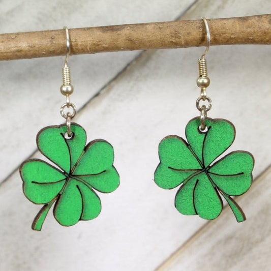 Hand-painted wooden four leaf clover dangle earrings with lucky Irish design and hypoallergenic sterling silver hooks, lightweight clover statement jewelry earrings for St. Patrick’s Day and good luck style