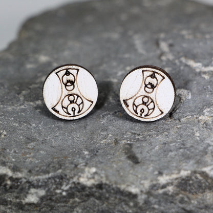 Hand-painted wooden circular sci-fi symbol dangle earrings with Gallifreyan-inspired design and hypoallergenic sterling silver hooks, lightweight time traveler statement jewelry earrings for space and fandom style