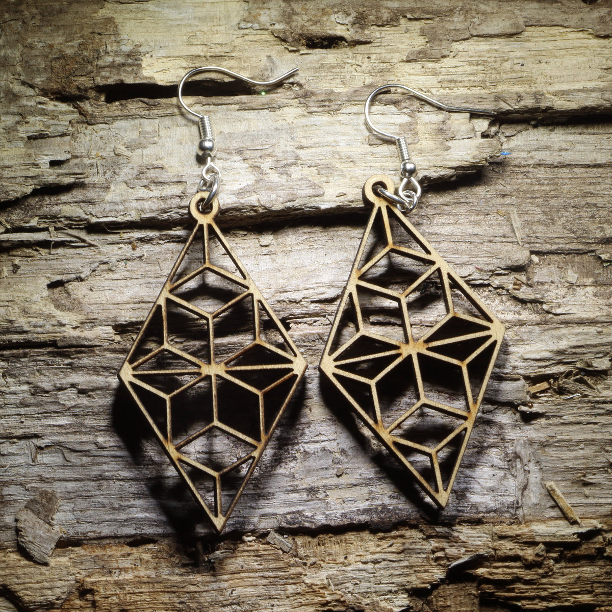 Geometric diamond wooden dangle earrings featuring an open angular diamond design, lightweight modern jewelry for geometric and minimalist style lovers